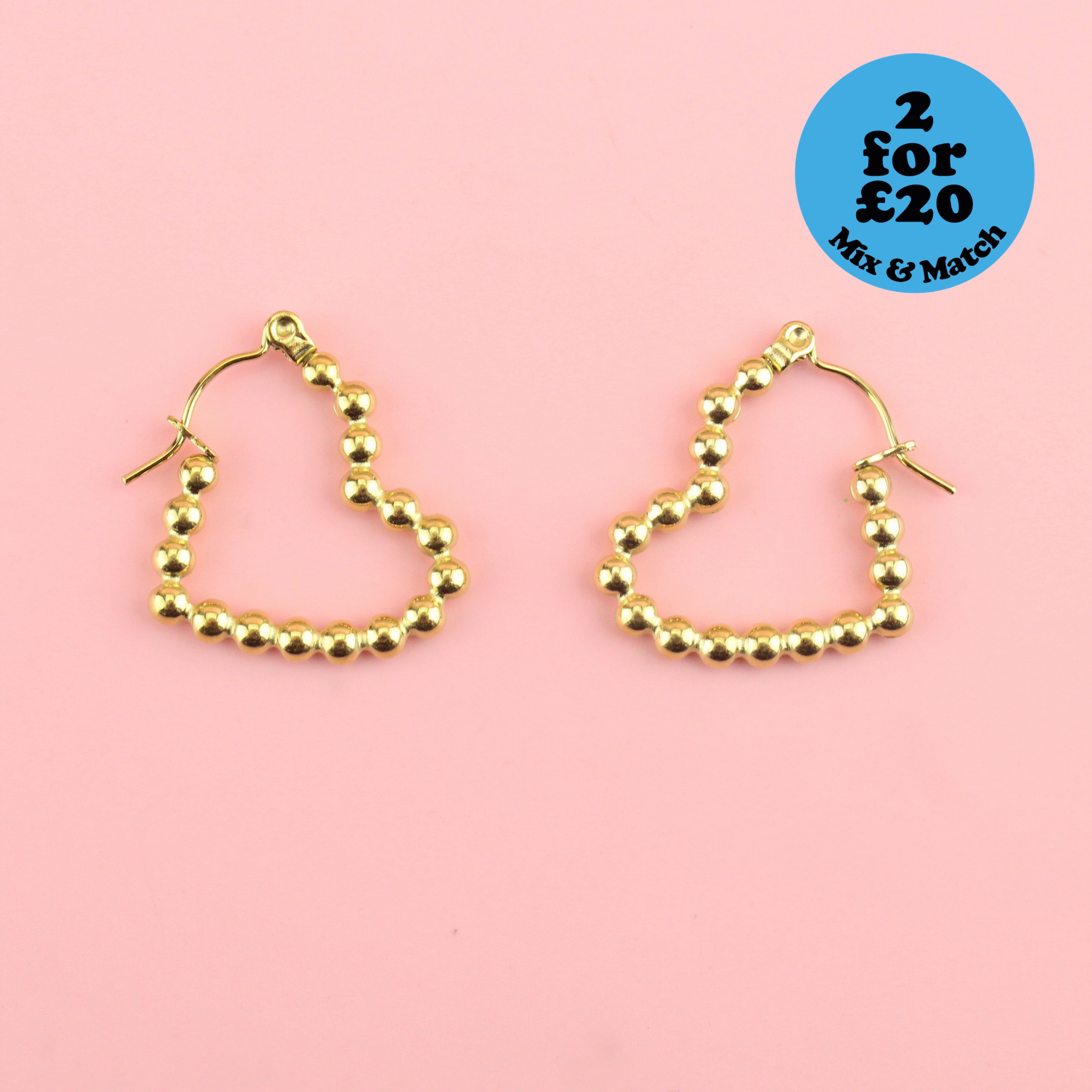 Beaded Heart Hoop Earrings (Gold Plated)