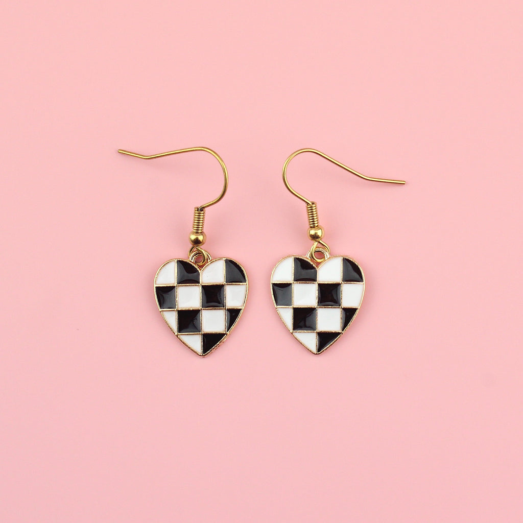 Black & White Heart Checkerboard Earrings
