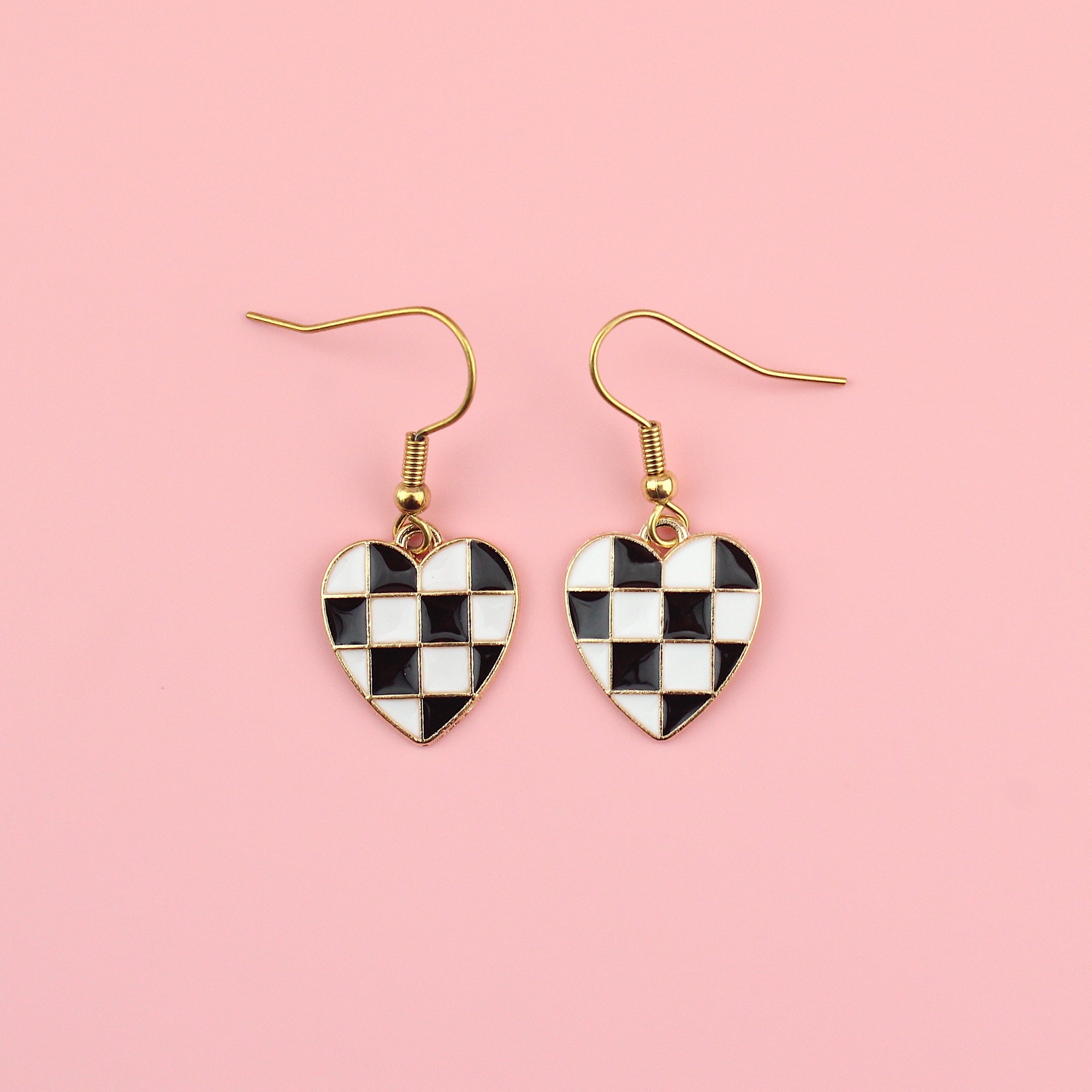 Black & White Heart Checkerboard Earrings