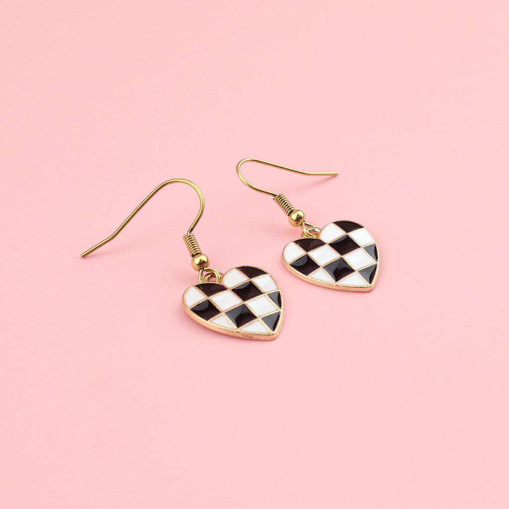 Black & White Heart Checkerboard Earrings