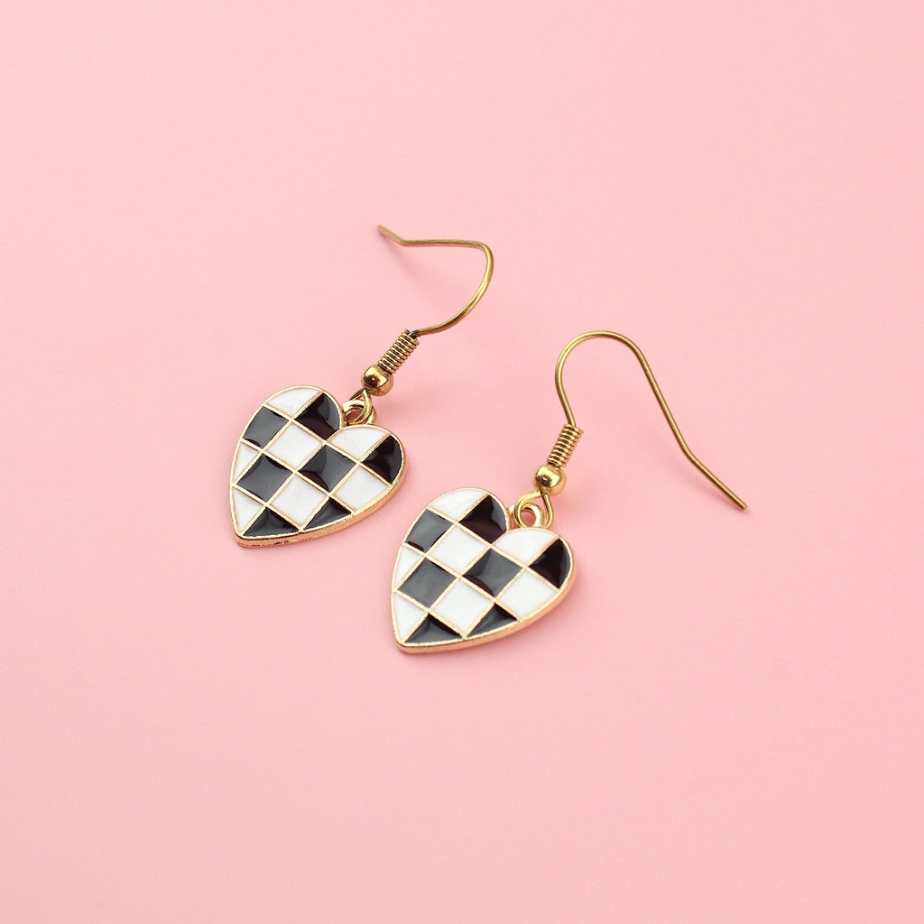 Black & White Heart Checkerboard Earrings