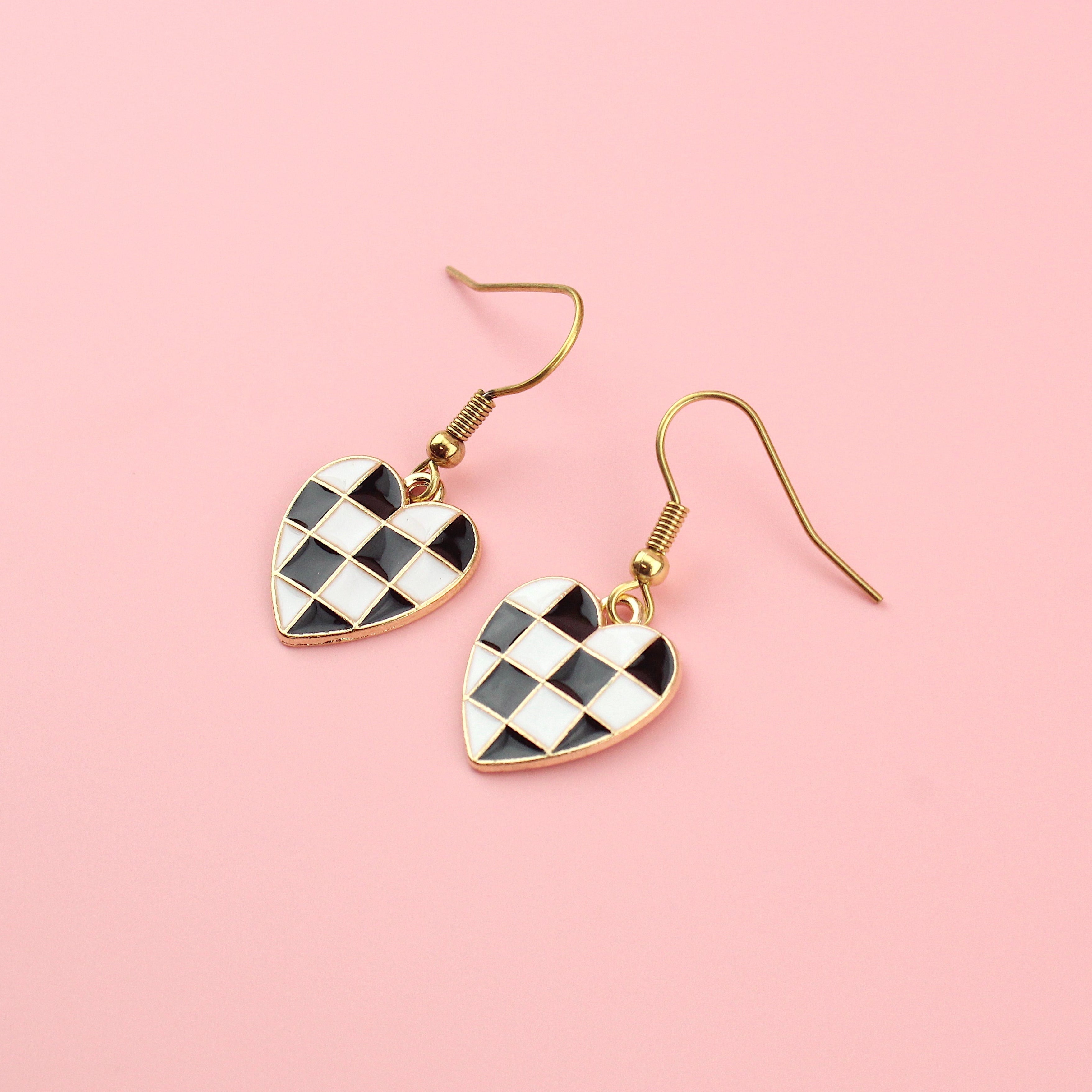 Black & White Heart Checkerboard Earrings