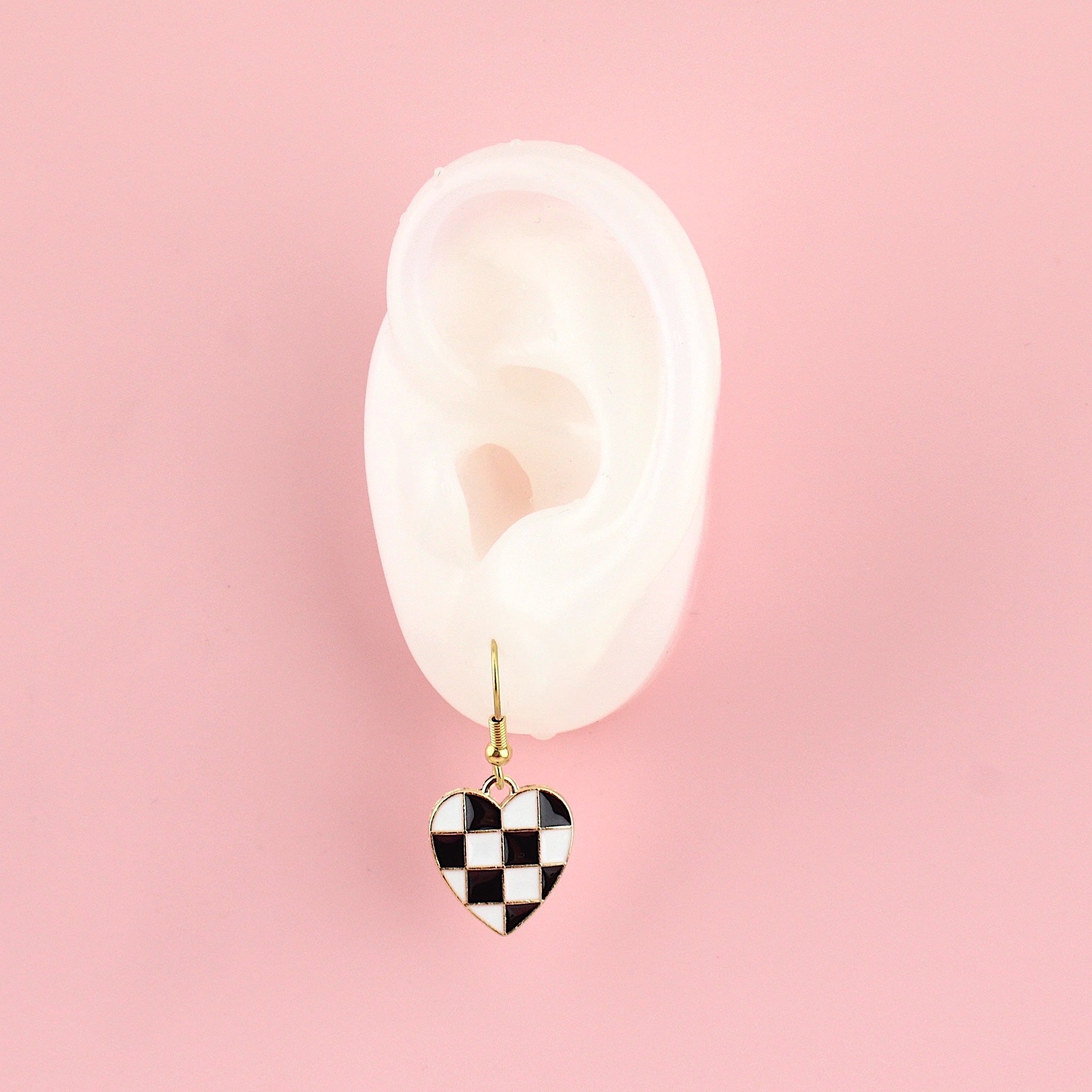 Black & White Heart Checkerboard Earrings