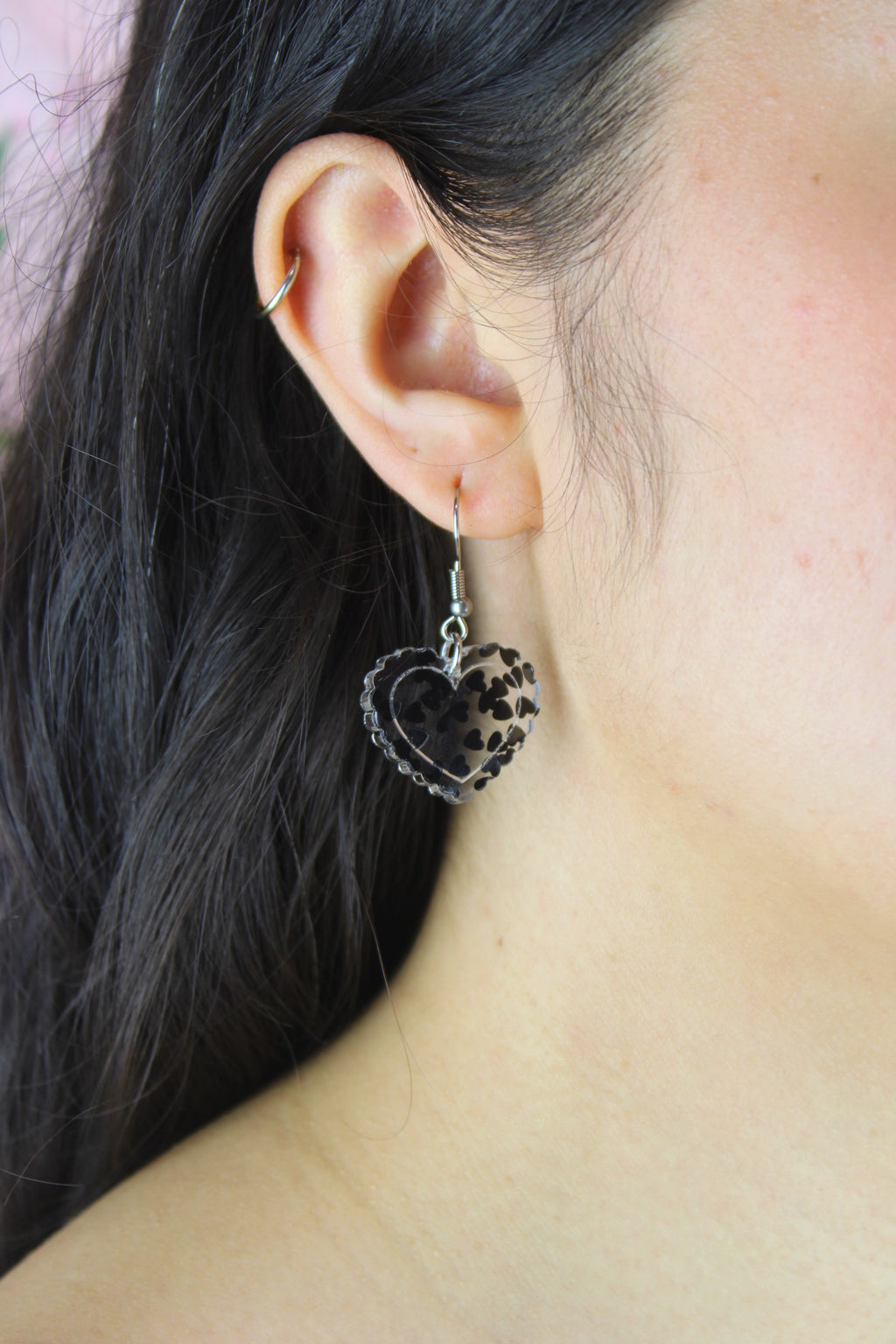 Black Confetti Heart Earrings
