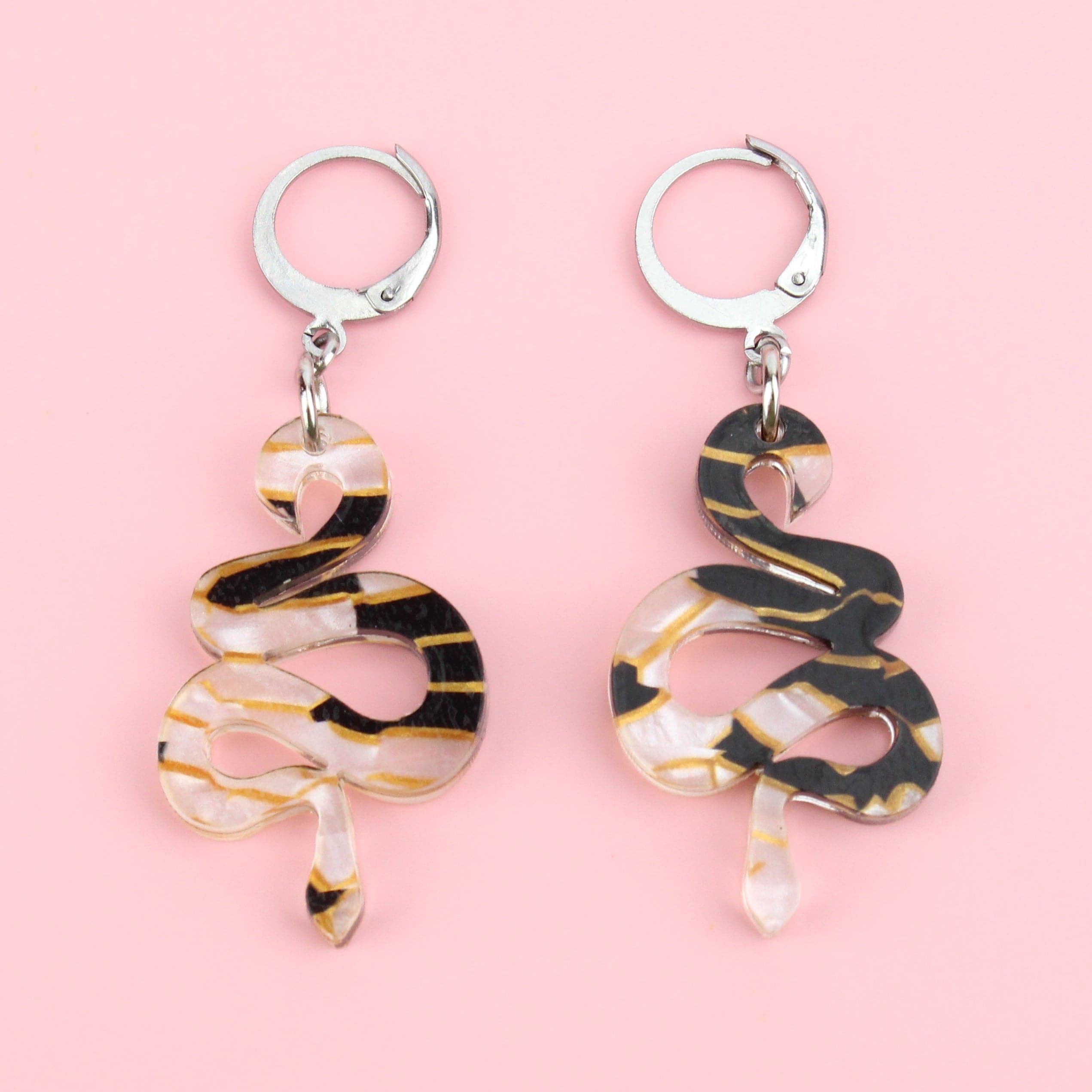 Black, White & Gold Snake Earrings