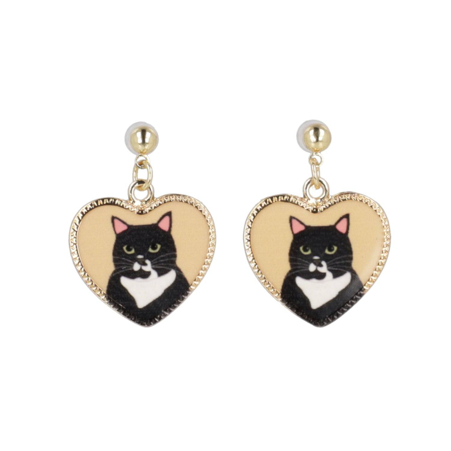 Black Cat Heart Stud Earrings