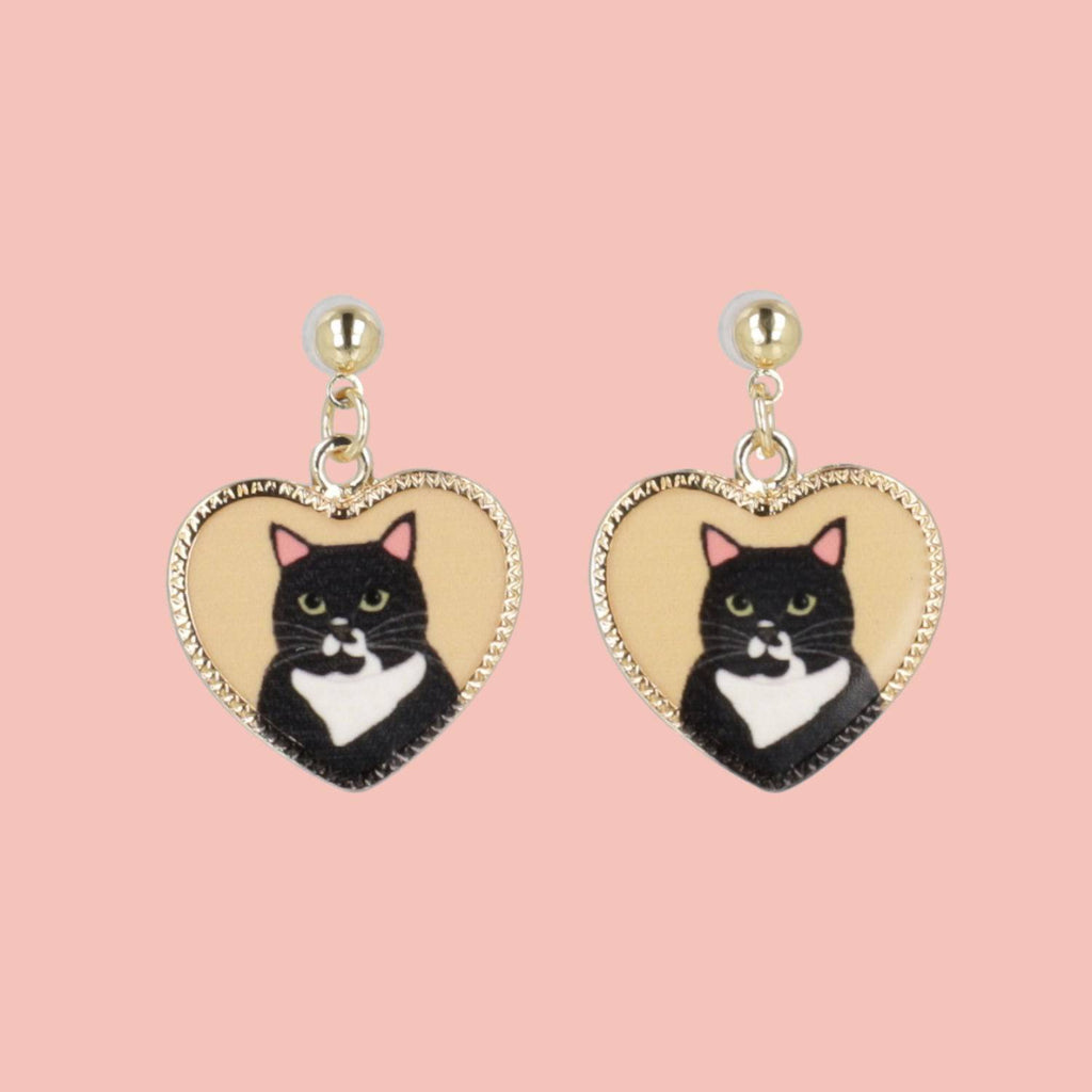 Black Cat Heart Stud Earrings