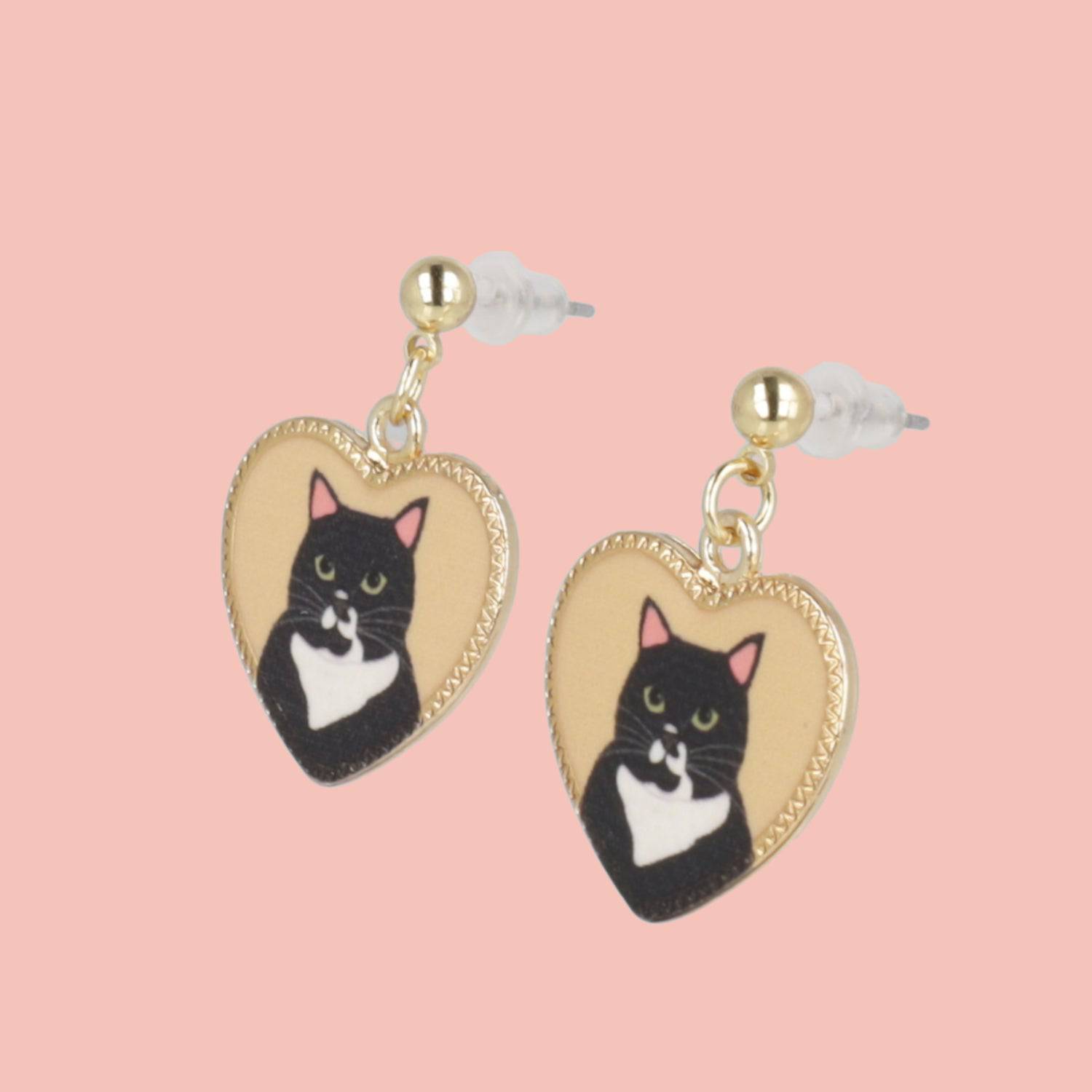 Black Cat Heart Stud Earrings