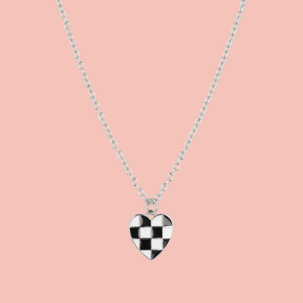 Black & White Heart Checkerboard Necklace