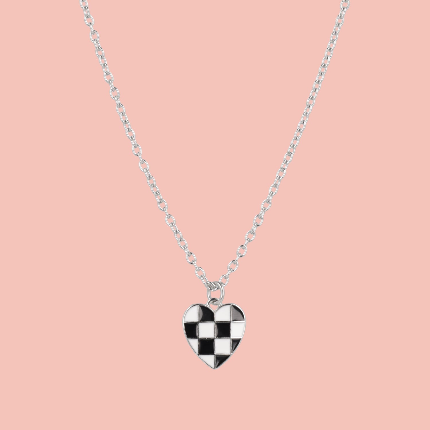 Black & White Heart Checkerboard Necklace