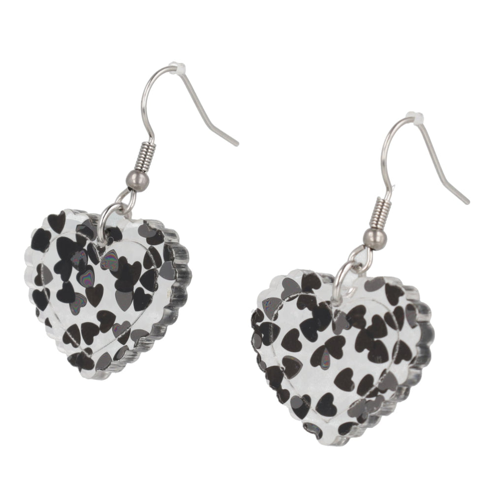 Black Confetti Heart Earrings