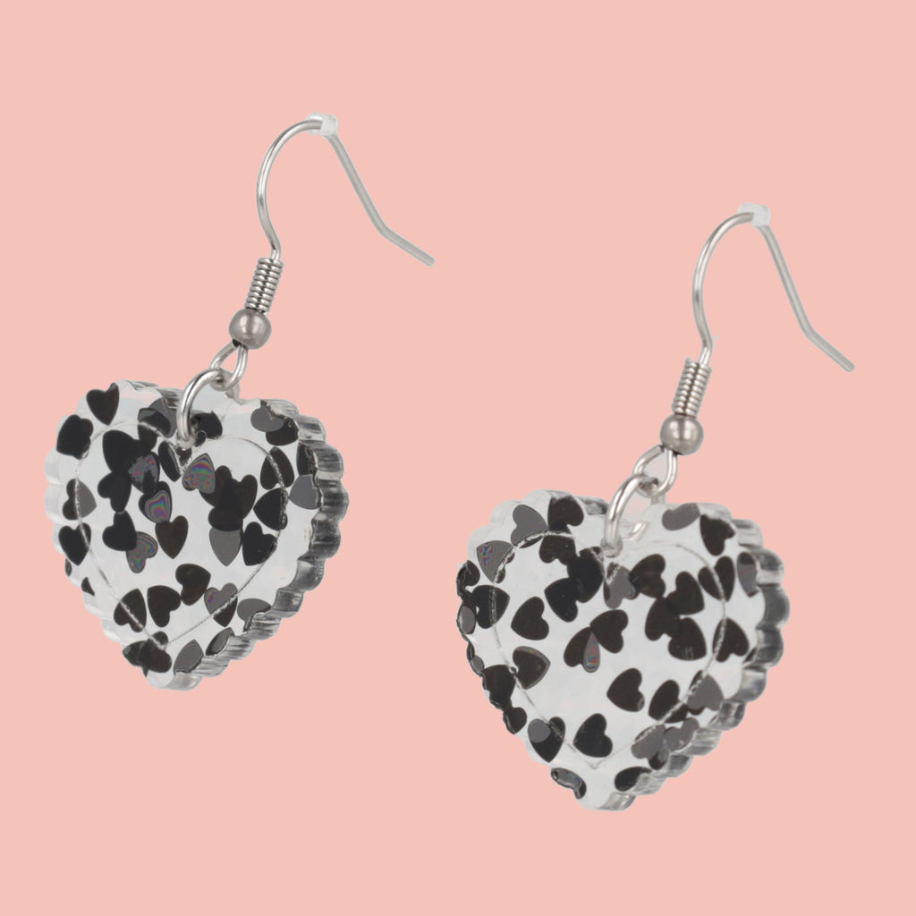 Black Confetti Heart Earrings