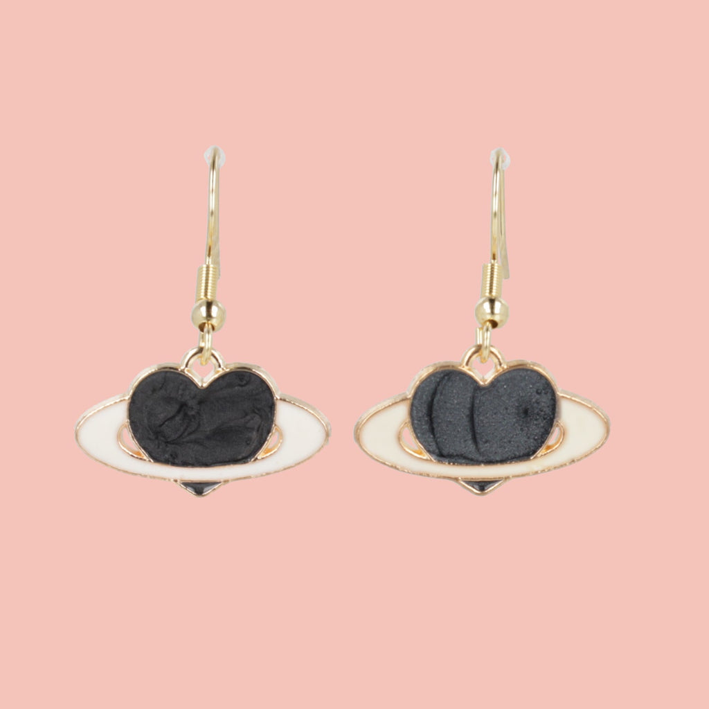 Black Heart Planet Drop Earrings