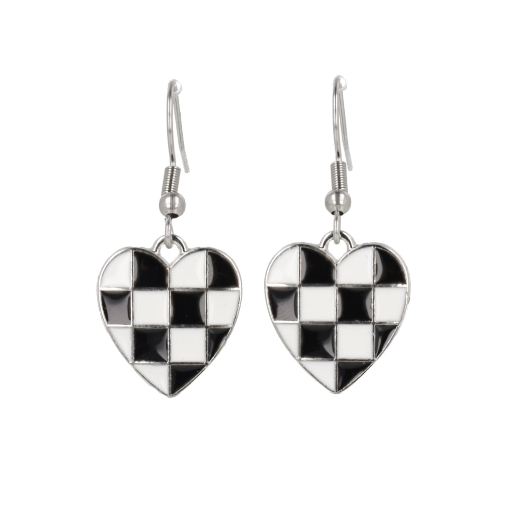 Black & White Heart Checkerboard Earrings (Stainless Steel)