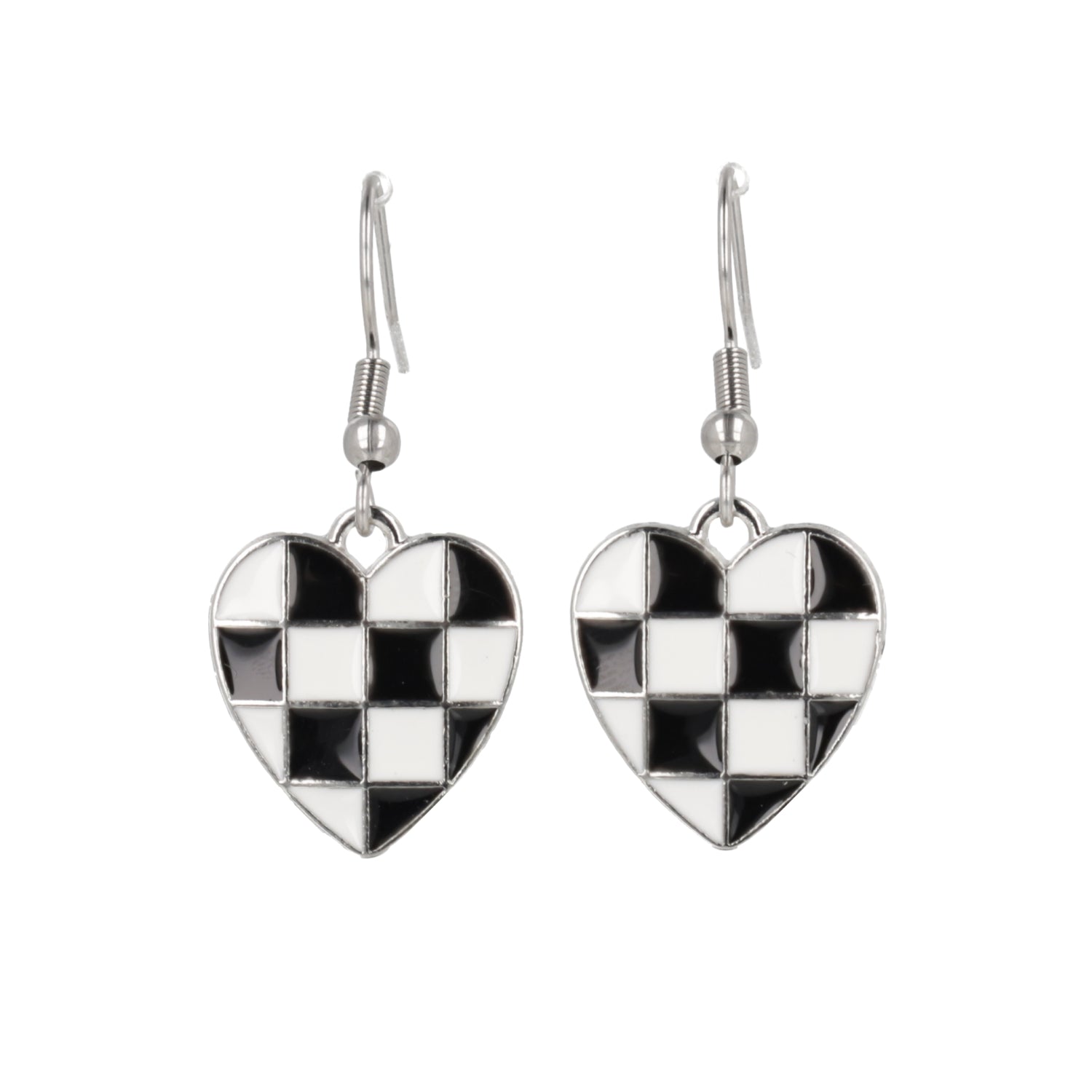 Black & White Heart Checkerboard Earrings (Stainless Steel)