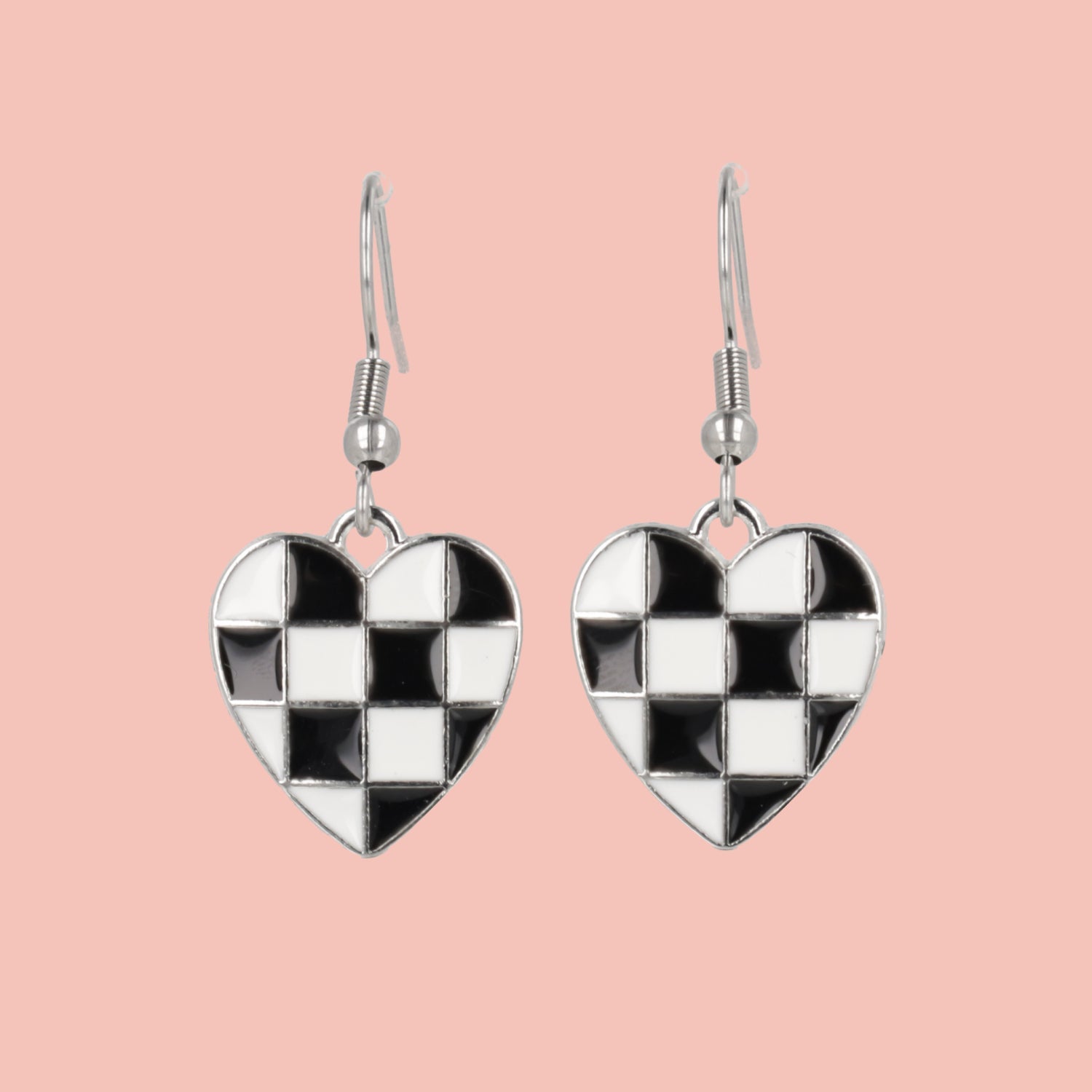 Black & White Heart Checkerboard Earrings (Stainless Steel)