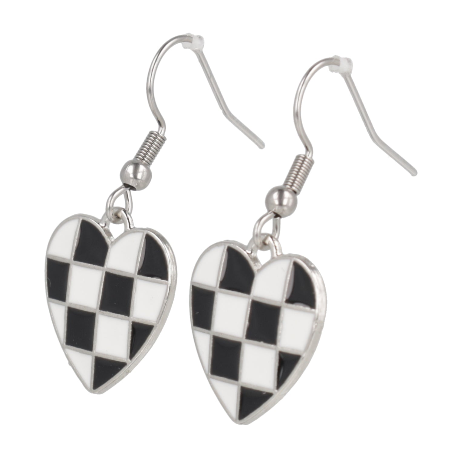 Black & White Heart Checkerboard Earrings (Stainless Steel)