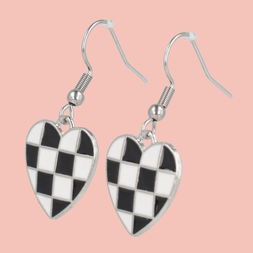 Black & White Heart Checkerboard Earrings (Stainless Steel)