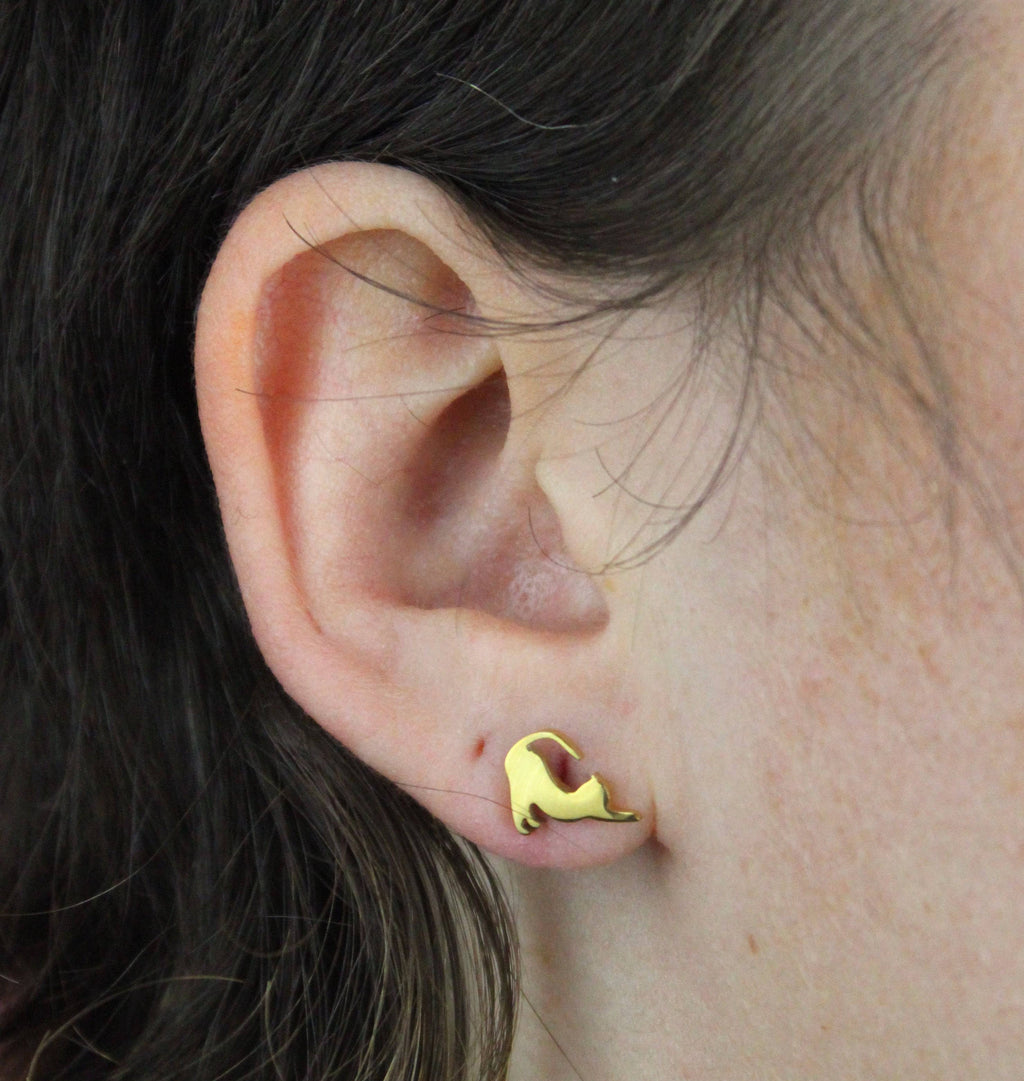 Big Stretch Cat Stud Earrings (Gold Plated)